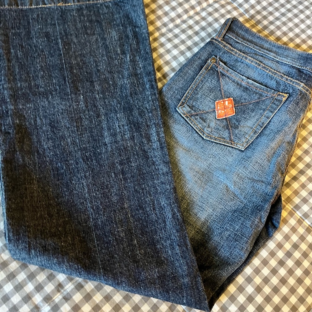 7 for all Mankind | Orange Argyle Pocket Dojo Flare Jeans